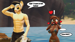 Size: 2560x1440 | Tagged: safe, artist:wolfthepredator, oc, oc only, oc:electro-crit, oc:joypad, species:anthro, 3d, abs, armpits, beach, bikini, blushing, breasts, clothing, exhausted, gmod, heart, male and female, partial nudity, rule 63, surprised, sweat, swimsuit, topless
