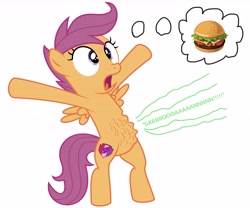 Size: 6764x5625 | Tagged: safe, artist:darkyboode32, artist:deadparrot22, character:scootaloo, species:pegasus, species:pony, arms in the air, bipedal, burger, cutie mark, famine, female, filly, food, hungry, onomatopoeia, open mouth, ripple, ripples, shocked, simple background, solo, standing, starving, stomach growl, stomach noise, text, the cmc's cutie marks, thinking, thought bubble, tongue out, white background