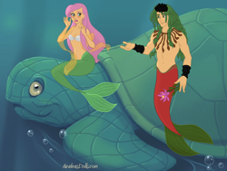 Size: 820x620 | Tagged: safe, artist:azaleasdolls, editor:jdueler11, character:fluttershy, character:sandalwood, my little pony:equestria girls, blushing, bubble, fins, flower, male, mermaid, mermaid maker, mermaid tail, mermaidized, merman, mermanized, sandalshy, shipping, species swap, straight, the little mermaid, turtle, underwater