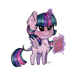 Size: 1535x1535 | Tagged: safe, alternate version, artist:lightisanasshole, character:twilight sparkle, character:twilight sparkle (alicorn), species:alicorn, species:pony, adorkable, blushing, blushing profusely, book, cheek fluff, chest fluff, chibi, cute, dork, ear fluff, female, levitation, magic, redesign, simple background, solo, sticker, tail fluff, telekinesis, traditional art, transparent background, twiabetes, watercolor painting