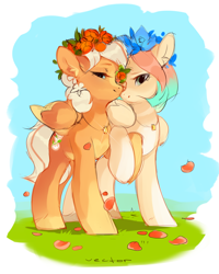 Size: 1200x1500 | Tagged: safe, artist:zlatavector, oc, oc only, species:pegasus, species:pony, blonde, commission, female, floral head wreath, flower, food, just married, lesbian, love, mare, married couple, oc x oc, orange, pegasus oc, shipping, simple background, sketch, white background, wings