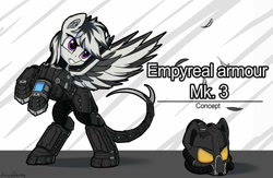 Size: 1024x666 | Tagged: safe, artist:adagiostring, oc, species:pegasus, species:pony, fallout equestria, armor, enclave armor, helmet, pegasus oc, pipbuck, rearing, reference sheet, text, wings