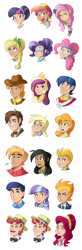 Size: 1024x3134 | Tagged: safe, artist:ric-m, character:applejack, character:big mcintosh, character:braeburn, character:carrot top, character:cherry jubilee, character:daring do, character:derpy hooves, character:doctor whooves, character:flam, character:flim, character:fluttershy, character:golden harvest, character:lightning dust, character:night light, character:pinkie pie, character:princess cadance, character:rainbow dash, character:rarity, character:shining armor, character:spitfire, character:time turner, character:twilight sparkle, character:twilight velvet, species:human, beautiful, bow, bow tie, bust, clothing, crystallized, female, flim flam brothers, handsome, hat, humanized, looking at you, male, mane six, open mouth, simple background, smiling, straw in mouth, white background