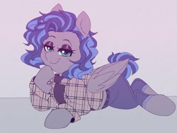 Size: 1146x861 | Tagged: safe, artist:littlebibbo, oc, oc only, oc:bibbo, species:pegasus, species:pony, 80s, clothing, female, freckles, lidded eyes, looking at you, lying down, mare, pants, plaid shirt, raised hoof, shirt, smiling, solo, unmoving plaid