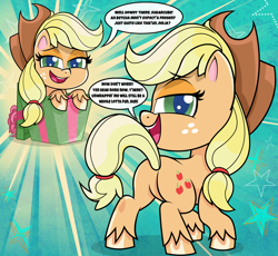 Size: 2350x2160 | Tagged: safe, artist:spookitty, character:applejack, species:earth pony, species:pony, my little pony:pony life, applebutt, butt, clothing, featureless crotch, female, hat, innuendo, looking at you, plot, smiling, solo