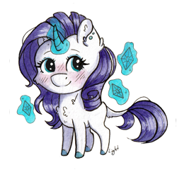 Size: 1299x1264 | Tagged: safe, artist:lightisanasshole, character:rarity, species:pony, species:unicorn, blushing, cheek fluff, chest fluff, chibi, colored hooves, curved horn, ear fluff, ear piercing, earring, eyeshadow, female, horn, jewelry, levitation, magic, makeup, piercing, redesign, simple background, solo, sticker, telekinesis, transparent background