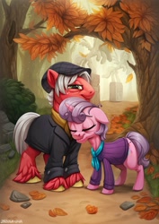 Size: 817x1156 | Tagged: safe, artist:zazush-una, character:big mcintosh, character:sugar belle, species:alicorn, species:earth pony, species:pony, species:unicorn, ship:sugarmac, accessories, autumn, autumn leaves, clothing, coat, cute, elderly, featured on derpibooru, feels, female, flat cap, floppy ears, grass, gray mane, hat, husband and wife, jacket, leaf, leaves, macabetes, male, mare, married couple, neck nuzzle, older, older big macintosh, older sugar belle, rock, scarf, shipping, stallion, statue, stone, straight, sugarbetes, sweater, tree, unshorn fetlocks