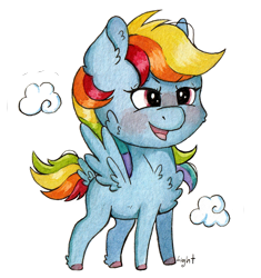 Size: 1240x1317 | Tagged: safe, artist:lightisanasshole, character:rainbow dash, species:pegasus, species:pony, blushing, blushing profusely, cheek fluff, chest fluff, chibi, cloud, colored hooves, determined, ear fluff, female, hoof fluff, open mouth, solo, sticker, tail feathers, traditional art, watercolor painting