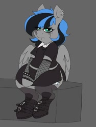 Size: 768x1024 | Tagged: safe, artist:littlebibbo, oc, oc only, oc:bibbo, species:pegasus, species:pony, boots, chubby, clothing, ear piercing, female, fishnets, freckles, goth, lidded eyes, looking at you, mare, piercing, plump, shirt, shoes, sitting, skirt, solo, unamused