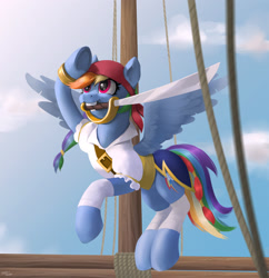 Size: 1920x1985 | Tagged: safe, artist:hardbrony, character:rainbow dash, species:pegasus, species:pony, my little pony: the movie (2017), clothing, cloud, female, mare, mouth hold, pirate dash, ship, sky, solo, sword, weapon