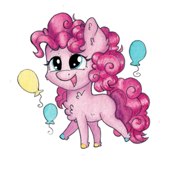 Size: 1535x1535 | Tagged: safe, artist:lightisanasshole, character:pinkie pie, species:earth pony, species:pony, adorable face, balloon, chest fluff, chibi, colored hooves, curly mane, cute, ear fluff, female, leg fluff, neck fluff, open mouth, raised eyebrow, raised hoof, redesign, simple background, smiley face, solo, transparent background, wavy mane