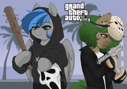 Size: 1570x1103 | Tagged: safe, artist:littlebibbo, oc, oc only, oc:ame, oc:bibbo, species:earth pony, species:pegasus, species:pony, baseball bat, clothing, duo, female, freckles, friday the 13th, ghostface, grand theft auto, gta v, gun, handgun, hockey mask, holding, hoodie, jacket, jason voorhees, lidded eyes, looking down, mare, mask, reloading, scream mask