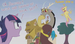 Size: 790x470 | Tagged: safe, artist:adequality, artist:cobaltsnow, character:discord, character:fluttershy, character:twilight sparkle, character:twilight sparkle (alicorn), species:alicorn, species:draconequus, species:pegasus, species:pony, aivo, animated, avo, female, fifteen.ai, implied discoshy, implied shipping, implied straight, male, mare, sound, vulgar, webm