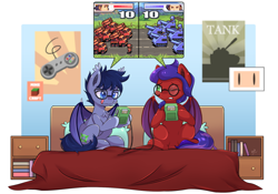 Size: 1000x700 | Tagged: safe, artist:tikrs007, oc, oc only, oc:high point, oc:wavelength, species:bat pony, species:pony, advance wars, artillery, bat pony oc, bat wings, bed, bedroom, book, commission, female, glasses, grit, jess, male, mare, minecraft, pillow, sitting, stallion, super nintendo, tank (vehicle), video game, wings