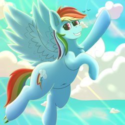 Size: 2000x2000 | Tagged: safe, artist:dracoflames, character:rainbow dash, species:pegasus, species:pony, backwards cutie mark, belly, belly button, cloud, cloudy, female, flying, looking at you, sky, smiling, solo