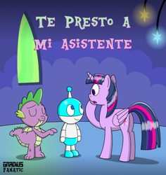 Size: 1714x1819 | Tagged: safe, artist:gradiusfanatic, character:spike, character:twilight sparkle, character:twilight sparkle (alicorn), oc, species:alicorn, species:dragon, species:pony, cover, fanfic, robot, spanish, spanish text