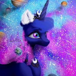 Size: 1000x1000 | Tagged: safe, artist:livitoza, character:princess luna, species:alicorn, species:pony, bust, ear fluff, earth, ethereal mane, female, galaxy, galaxy mane, mare, planet, shooting star, solo, stars