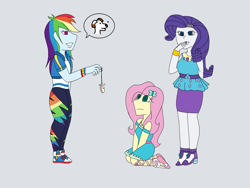 Size: 2048x1536 | Tagged: safe, artist:mintymelody, character:fluttershy, character:rainbow dash, character:rarity, my little pony:equestria girls, bracelet, clothing, converse, dress, female, geode of fauna, geode of shielding, high heels, hoodie, hypnosis, hypnotized, jewelry, kneeling, magical geodes, pencil skirt, pendulum swing, pocket watch, shoes, sneakers, swirly eyes