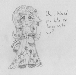 Size: 1875x1860 | Tagged: safe, artist:wapamario63, character:fluttershy, species:pegasus, species:pony, bipedal, blushing, clothing, cute, dialogue, dress, female, floppy ears, flower, flower in hair, gala dress, mare, monochrome, shyabetes, solo, traditional art