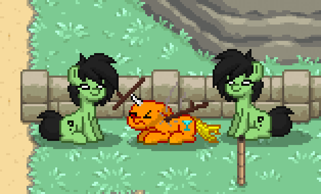 Size: 628x380 | Tagged: safe, artist:torpy-ponius, oc, oc:filly anon, species:changeling, species:earth pony, species:pony, pony town, animated, beaten up, earth pony oc, female, fence, filly, gif, pixel art, stick