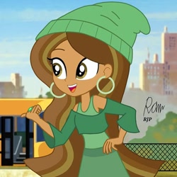 Size: 640x640 | Tagged: safe, artist:rjp.rammy, my little pony:equestria girls, barely pony related, beanie, clothing, dark skin, dc superhero girls, ear piercing, earring, equestria girls-ified, female, hat, hooped earrings, jessica cruz, jewelry, piercing, solo, style emulation