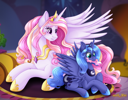 Size: 3948x3089 | Tagged: safe, artist:mailner, character:princess celestia, character:princess luna, species:alicorn, species:pony, blushing, cewestia, crown, cute, cutie mark, fangs, female, filly, gem, heart eyes, jewelry, lipstick, looking at each other, lunabetes, nom, pink-mane celestia, prone, regalia, royal sisters, s1 luna, siblings, sisters, spread wings, wingding eyes, wings, woona, younger