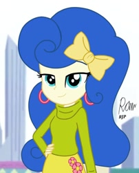 Size: 850x1050 | Tagged: safe, artist:rjp.rammy, my little pony:equestria girls, bedroom eyes, blueberry curls, bow, bubblegum blossom, clothing, ear piercing, earring, equestria girls-ified, female, hair bow, hooped earrings, jewelry, piercing, skirt, solo, sweater