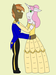 Size: 1536x2048 | Tagged: safe, artist:mintymelody, character:button mash, character:sweetie belle, species:anthro, beauty and the beast, clothing, cosplay, costume, dancing, dress, female, gown, male, shipping, straight, sweetiemash