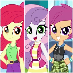 Size: 1080x1080 | Tagged: safe, artist:rjp.rammy, character:apple bloom, character:scootaloo, character:sweetie belle, species:pegasus, species:pony, my little pony:equestria girls, alternate hairstyle, apple bloom's bow, belt, bow, clothing, cutie mark crusaders, dress, eyes closed, eyeshadow, female, grin, hair bow, hoodie, jeans, makeup, older, older apple bloom, older cmc, older scootaloo, older sweetie belle, open mouth, pants, sleeveless, sleeveless hoodie, smiling, tank top, trio, vest, wristband