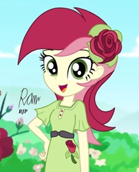 Size: 850x1050 | Tagged: safe, artist:rjp.rammy, character:roseluck, my little pony:equestria girls, belt, clothing, dress, female, flower, flower in hair, open mouth, rose, solo