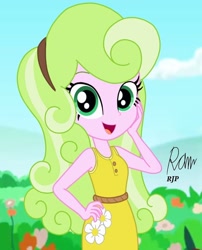 Size: 850x1050 | Tagged: safe, artist:rjp.rammy, character:daisy, my little pony:equestria girls, belt, clothing, dress, equestria girls-ified, female, headband, open mouth, sleeveless, solo