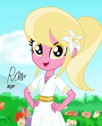 Size: 850x1050 | Tagged: safe, artist:rjp.rammy, character:lily, character:lily valley, my little pony:equestria girls, alternate hairstyle, belt, clothing, equestria girls-ified, female, flower, flower in hair, open mouth, shirt, skirt, solo