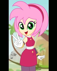 Size: 1080x1350 | Tagged: safe, artist:rjp.rammy, my little pony:equestria girls, amy rose, bandage, barely pony related, bracelet, clothing, crossover, dress, equestria girls-ified, eyeshadow, female, gloves, green hill zone, headband, hedgehog, humanized, jewelry, makeup, open mouth, pants, peace sign, solo, sonic boom, sonic the hedgehog (series), tape, wrist tape