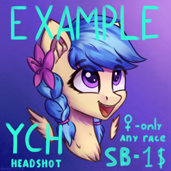 Size: 3000x3000 | Tagged: safe, artist:adagiostring, oc, oc only, oc:jeppesen, species:pegasus, species:pony, auction, braid, bust, commission, cute, flower, flower in hair, pegasus oc, portrait, purple eyes, wings, your character here