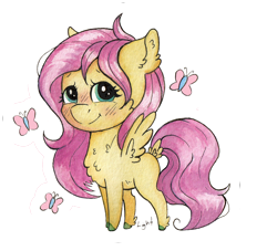 Size: 1512x1372 | Tagged: safe, artist:lightisanasshole, character:fluttershy, species:pegasus, species:pony, adorkable, blushing, butterfly, cheek fluff, chest fluff, chibi, colored hooves, cute, dork, ear fluff, female, long hair, long mane, looking at you, redesign, shyabetes, smiling, solo, sticker, tail feathers