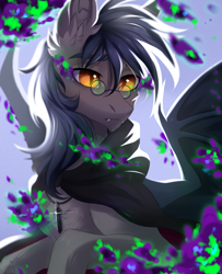 Size: 1513x1860 | Tagged: safe, artist:magicbalance, oc, oc only, oc:midnight measure, species:bat pony, species:pony, backlighting, bat pony oc, bat wings, chest fluff, cloak, clothing, colored pupils, crystal, dark magic, ear fluff, fangs, glasses, jewelry, lidded eyes, magic, male, necklace, solo, spread wings, stallion, wings, ych result
