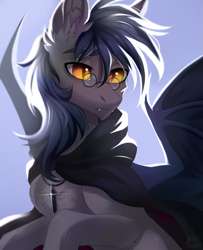 Size: 1513x1860 | Tagged: safe, artist:magicbalance, edit, oc, oc only, oc:midnight measure, species:bat pony, species:pony, backlighting, bat pony oc, bat wings, chest fluff, cloak, clothing, colored pupils, crystal, ear fluff, fangs, glasses, jewelry, lidded eyes, male, necklace, solo, spread wings, stallion, wings, ych result
