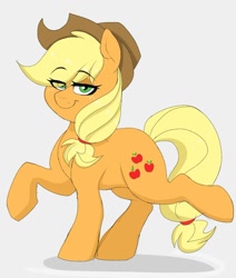 Size: 934x1103 | Tagged: safe, artist:littlebibbo, character:applejack, species:earth pony, species:pony, clothing, cowboy hat, eye clipping through hair, female, freckles, hat, lidded eyes, looking at you, mare, raised hoof, raised leg, simple background, smiling, solo