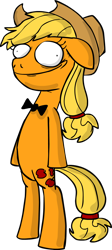 Size: 896x2000 | Tagged: safe, artist:piemations, character:applejack, species:earth pony, species:pony, bow tie, creepy, creepy smile, female, floppy ears, semi-anthro, simple background, smiling, solo, transparent background, wall eyed