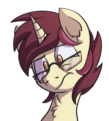 Size: 967x1080 | Tagged: safe, artist:piemations, oc, oc only, oc:ambiguity, species:pony, species:unicorn, bust, confused, glasses, no pupils, portrait, simple background, solo, transparent background