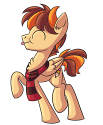 Size: 2224x2697 | Tagged: safe, artist:piemations, oc, oc only, oc:pen, species:pegasus, species:pony, chest fluff, clothing, eyes closed, scarf, silly, simple background, solo, striped scarf, tongue out, transparent background, trotting