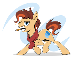 Size: 2174x1683 | Tagged: safe, artist:piemations, oc, oc only, oc:pen, species:earth pony, species:pony, abstract background, action pose, alternate cutie mark, clothing, freckles, mouth hold, pencil, race swap, scarf, simple background, transparent background