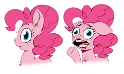 Size: 2967x1770 | Tagged: safe, artist:piemations, character:pinkie pie, species:earth pony, species:pony, awkward, faec, female, floppy ears, open mouth, simple background, solo, transparent background, two panels, waving