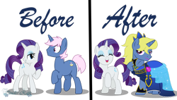 Size: 1280x726 | Tagged: safe, artist:tenderrain46, character:rarity, oc, oc:azure/sapphire, species:pony, species:unicorn, before and after, clothing, crossdressing, dress, femboy, male, simple background, stallion, transparent background