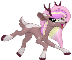 Size: 2299x1915 | Tagged: safe, artist:soctavia, oc, oc only, oc:peaches n cream, species:deer, species:pony, female, happy, open mouth, original species, simple background, solo, transparent background