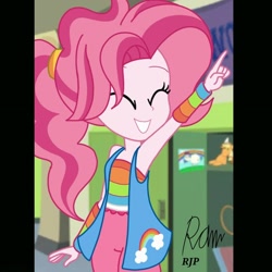 Size: 1080x1080 | Tagged: safe, artist:rjp.rammy, character:bifröst, my little pony:equestria girls, armband, armpits, clothing, equestria girls-ified, eyes closed, female, friendship student, grin, locker, pants, pointing, sleeveless, smiling, solo, tank top, vest