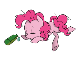 Size: 2600x2200 | Tagged: safe, artist:dumbwoofer, character:pinkie pie, species:earth pony, species:pony, alcohol, bottle, cute, drunk, drunkie pie, eyes closed, female, high res, mare, messy hair, open mouth, prone, simple background, solo, spilled drink, transparent background, underhoof