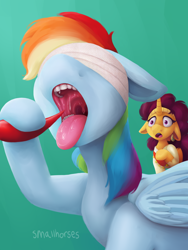 Size: 3000x4000 | Tagged: safe, artist:smallhorses, character:rainbow dash, character:saffron masala, species:pegasus, species:pony, fanfic:a small issue, absurd resolution, blindfold, drool, drool string, eating, fanfic art, food, graffiti, gullet, implied discord, mawshot, misleading thumbnail, mistake, open mouth, pepper, salivating, story included, taste buds, this will end in tears, tongue out, uvula, we'll be right back