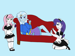 Size: 2048x1536 | Tagged: safe, artist:mintymelody, character:rarity, character:sweetie belle, character:trixie, my little pony:equestria girls, barefoot, clothing, feet, food, grapes, hypnosis, hypnotized, maid, pedicure, swirly eyes