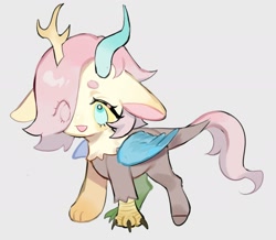 Size: 1998x1740 | Tagged: safe, artist:kura, character:fluttershy, species:draconequus, beanbrows, cute, draconequified, eye clipping through hair, eyebrows, female, flutterequus, foal, gray background, shyabetes, simple background, solo, species swap, yellow sclera